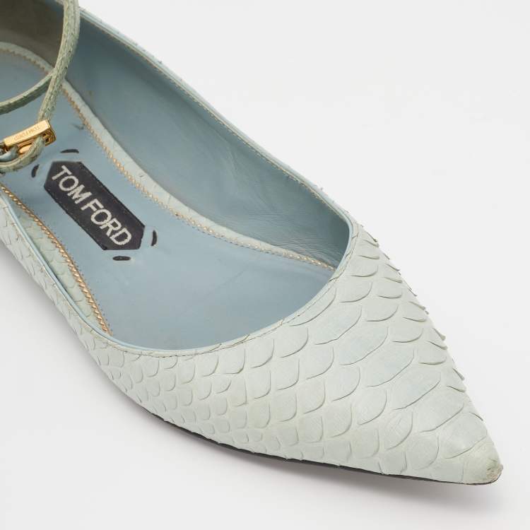 Pre Owned Tom Ford Pale Green Python Padlock Ankle Wrap Pointed Toe Flats Size 39