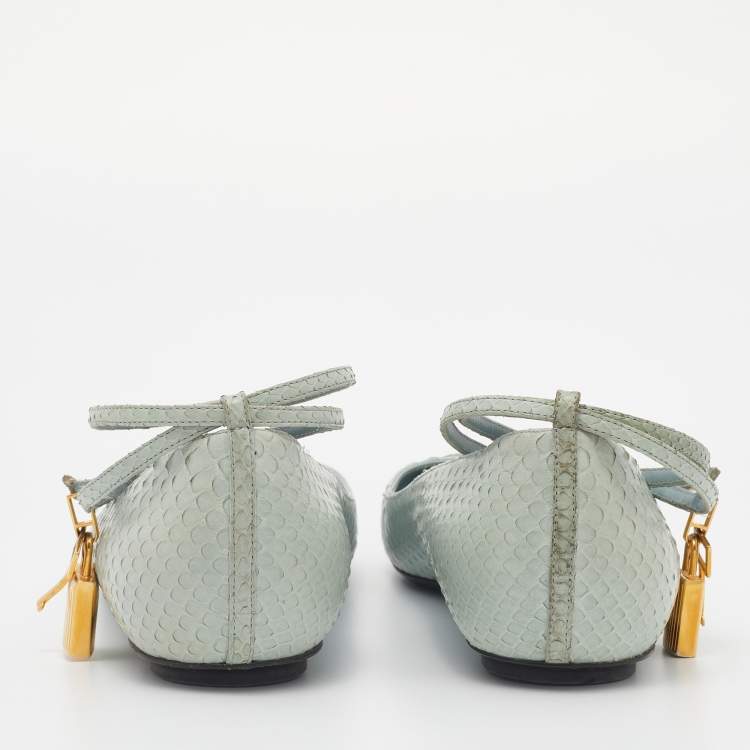Pre Owned Tom Ford Pale Green Python Padlock Ankle Wrap Pointed Toe Flats Size 39