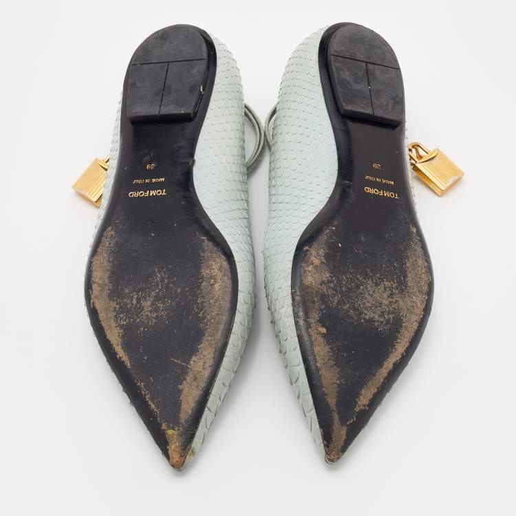 Pre Owned Tom Ford Pale Green Python Padlock Ankle Wrap Pointed Toe Flats Size 39