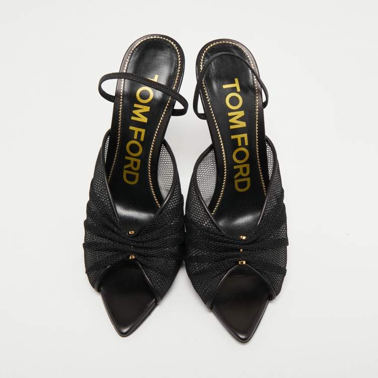 Pre Owned Tom Ford Black Mesh Piercing Open Toe Slingback Sandals Size 38.5