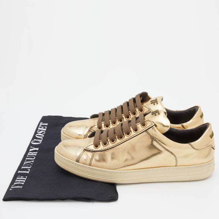 Pre Owned Tom Ford Metallic Gold Patent Leather Low Top Sneakers Size 38