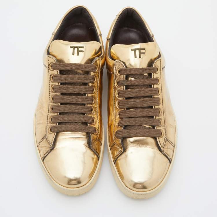 Pre Owned Tom Ford Metallic Gold Patent Leather Low Top Sneakers Size 38