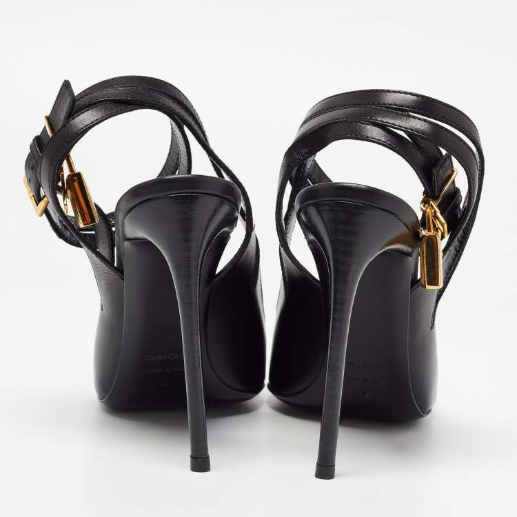 Pre Owned Tom Ford Black Leather Padlock Ankle Wrap Pumps Size 40