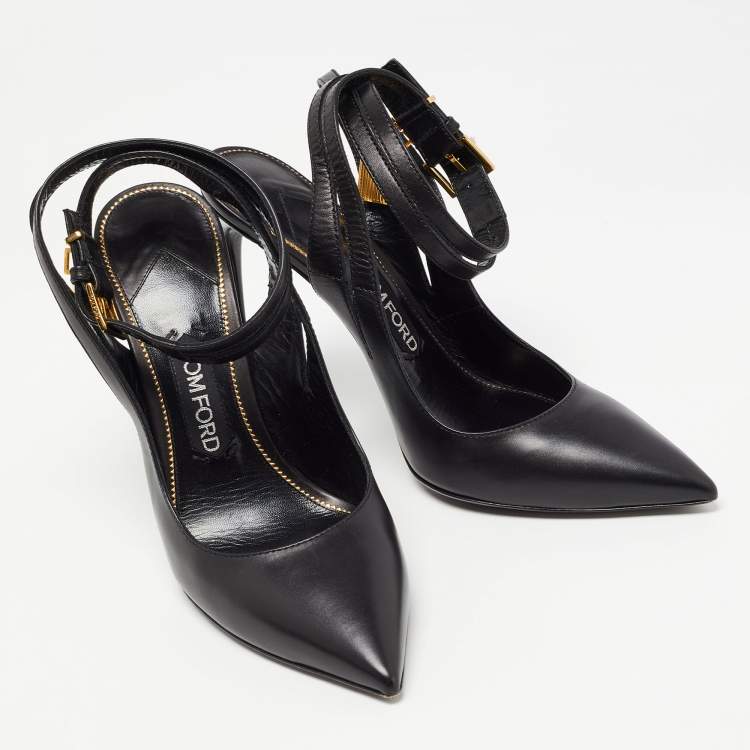 Pre Owned Tom Ford Black Leather Padlock Ankle Wrap Pumps Size 40