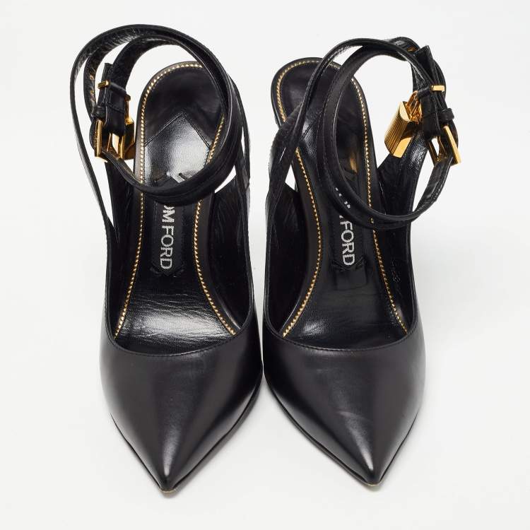 Pre Owned Tom Ford Black Leather Padlock Ankle Wrap Pumps Size 40
