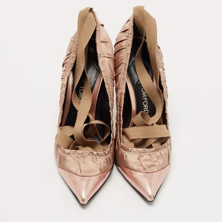 Pre Owned Tom Ford Two Tone Pleated Fabric and Leather Ankle Tie Pumps Size 39