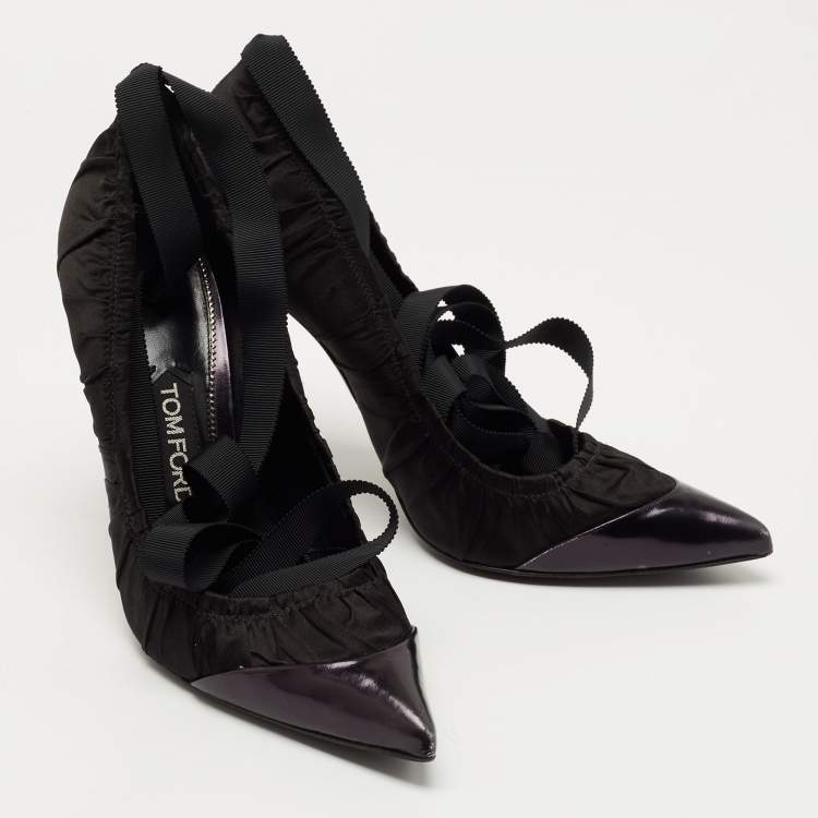 Pre Owned Tom Ford Black Pleated Fabric and Leather Ankle Tie Pumps Size 39