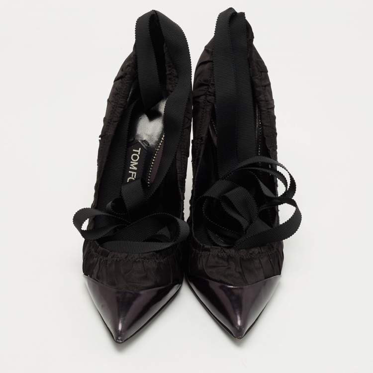 Pre Owned Tom Ford Black Pleated Fabric and Leather Ankle Tie Pumps Size 39