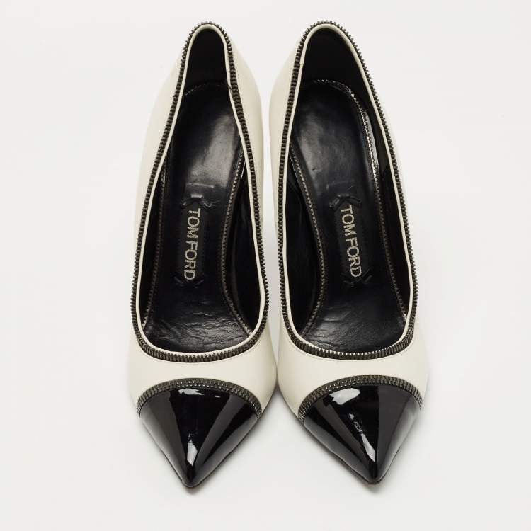 Pre Owned Tom Ford White/Black Patent Leather And Leather Cap Toe Pointed Toe Pumps Size 40