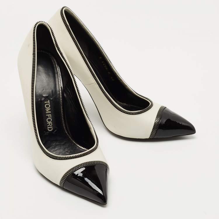 Pre Owned Tom Ford White/Black Patent Leather And Leather Cap Toe Pointed Toe Pumps Size 40