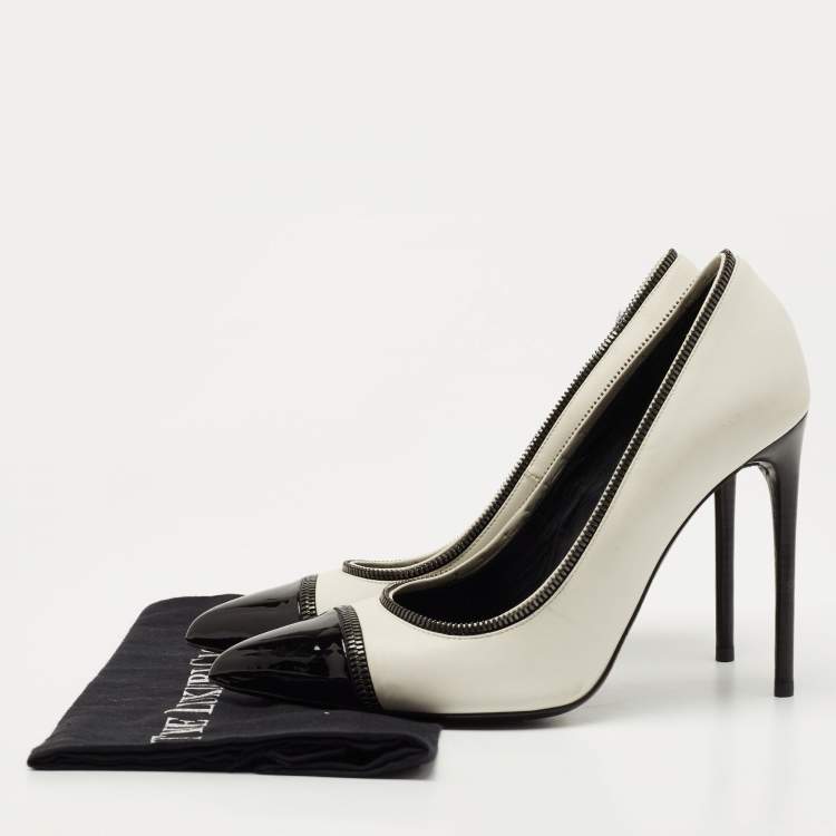 Pre Owned Tom Ford White/Black Patent Leather And Leather Cap Toe Pointed Toe Pumps Size 40