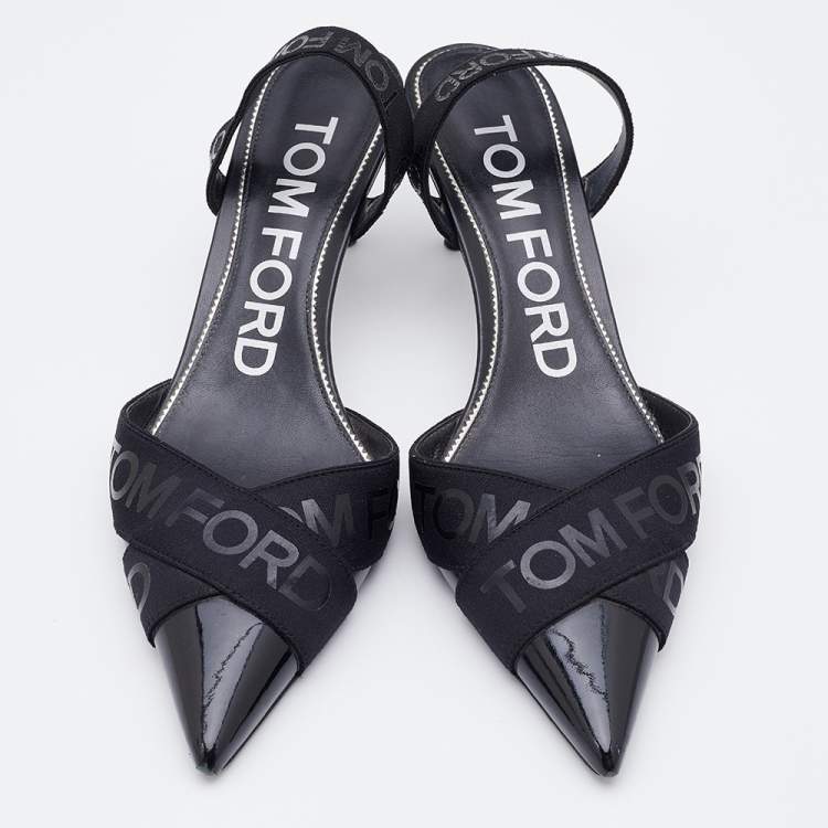 Pre Owned Tom Ford Black Patent Leather And Stretch Fabric Printed Logo Slingback Sandals Size 38