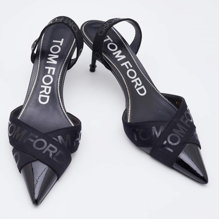 Pre Owned Tom Ford Black Patent Leather And Stretch Fabric Printed Logo Slingback Sandals Size 38