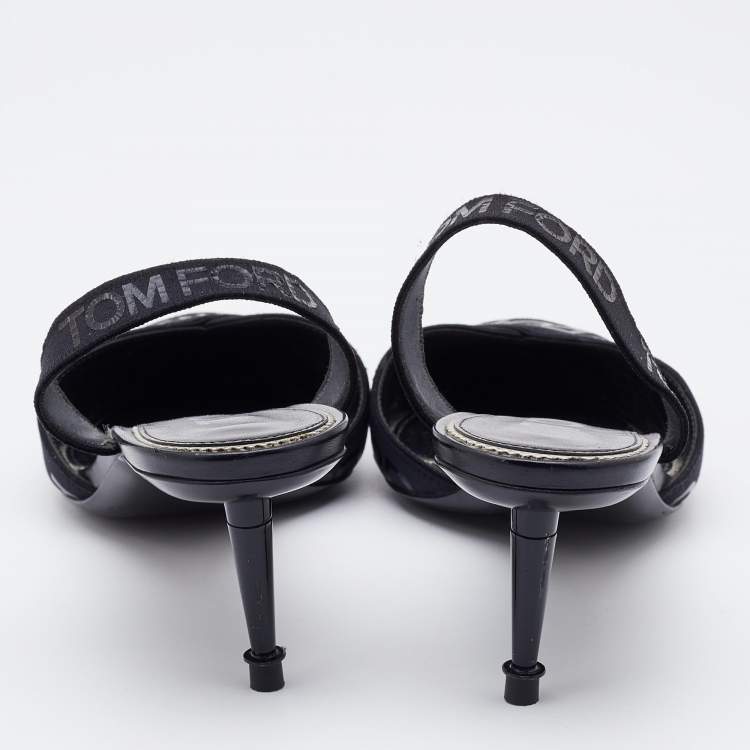 Pre Owned Tom Ford Black Patent Leather And Stretch Fabric Printed Logo Slingback Sandals Size 38