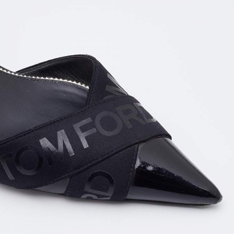 Pre Owned Tom Ford Black Patent Leather And Stretch Fabric Printed Logo Slingback Sandals Size 38