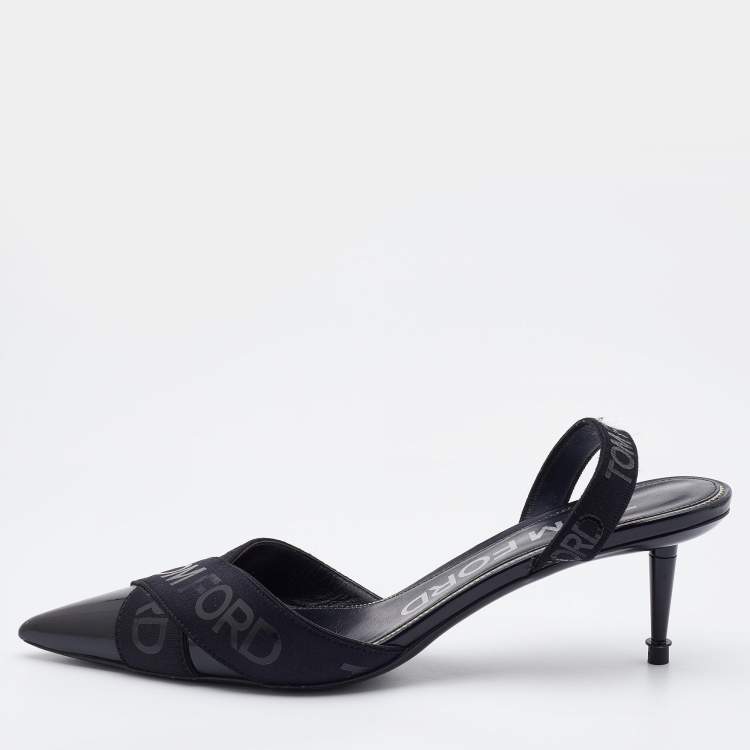 Pre Owned Tom Ford Black Patent Leather And Stretch Fabric Printed Logo Slingback Sandals Size 38
