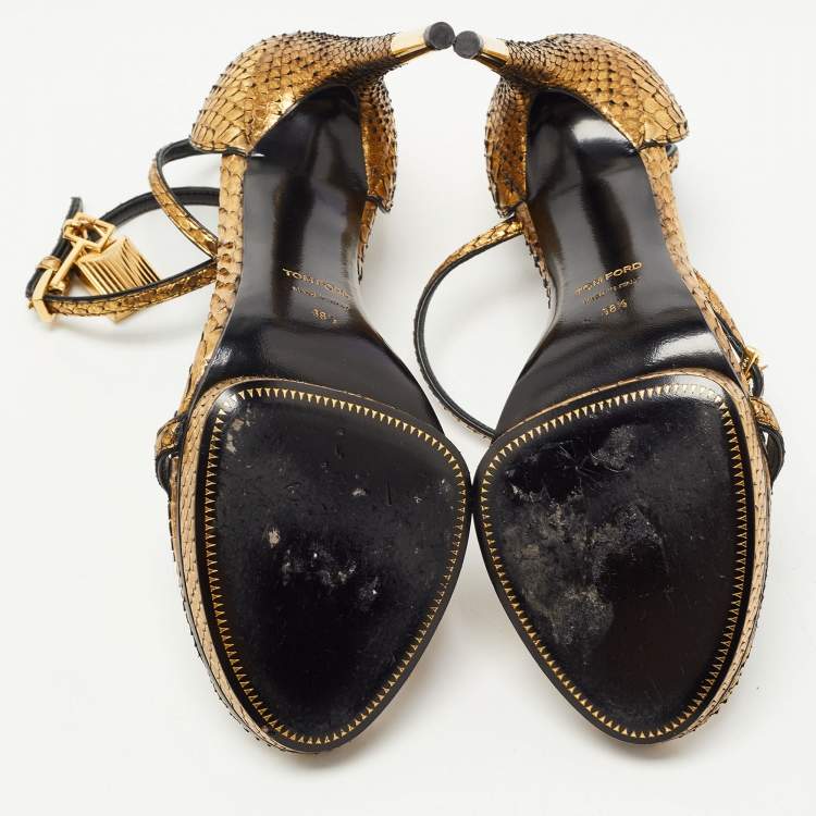 مملوكة مسبقًا Tom Ford Gold Python Padlock Ankle Strap Platform Sandals Size 38.5
