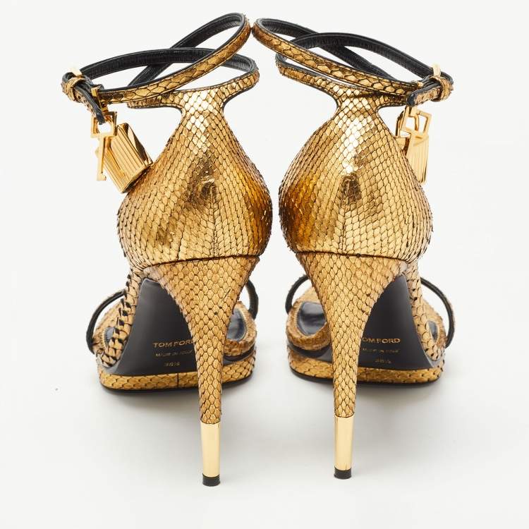 مملوكة مسبقًا Tom Ford Gold Python Padlock Ankle Strap Platform Sandals Size 38.5