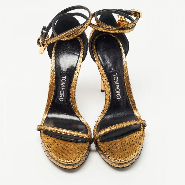 مملوكة مسبقًا Tom Ford Gold Python Padlock Ankle Strap Platform Sandals Size 38.5