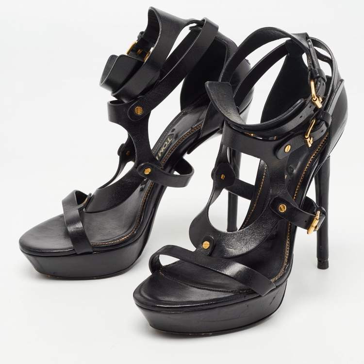 Pre Owned Tom Ford Black Leather Strappy Platform Sandals Size 37.5