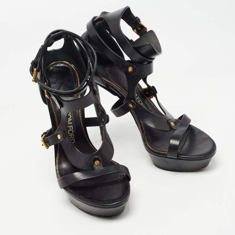 Pre Owned Tom Ford Black Leather Strappy Platform Sandals Size 37.5