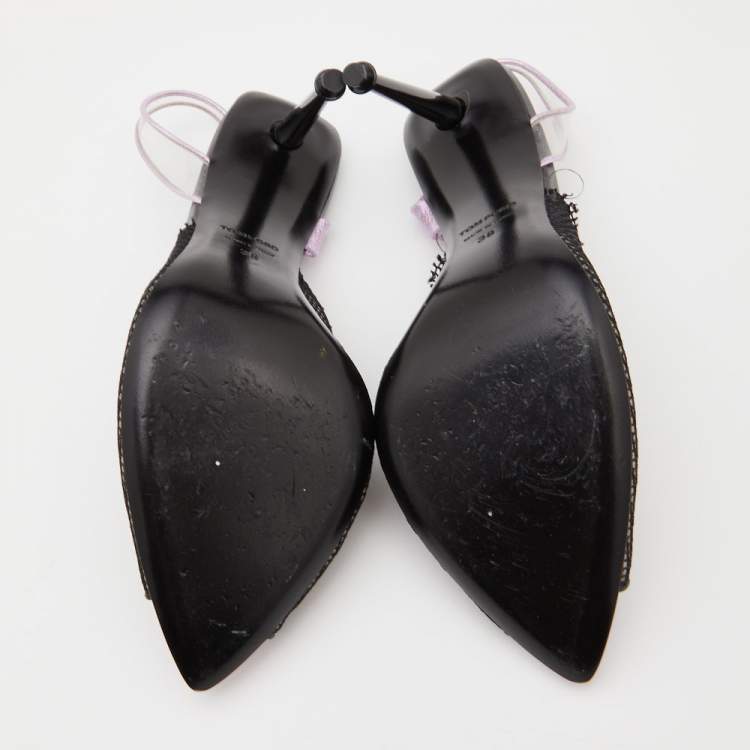 Pre Owned Tom Ford Black Mesh and PVC Peep Toe Slingback Sandals Size 38