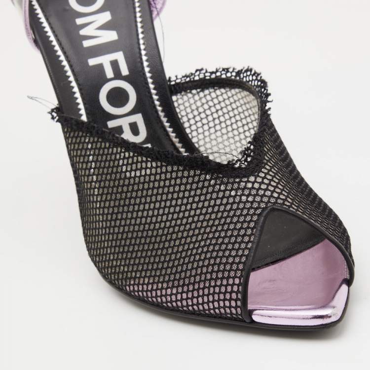 Pre Owned Tom Ford Black Mesh and PVC Peep Toe Slingback Sandals Size 38