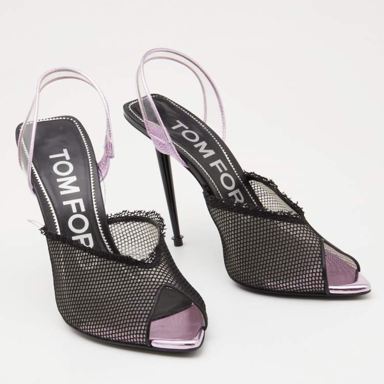Pre Owned Tom Ford Black Mesh and PVC Peep Toe Slingback Sandals Size 38