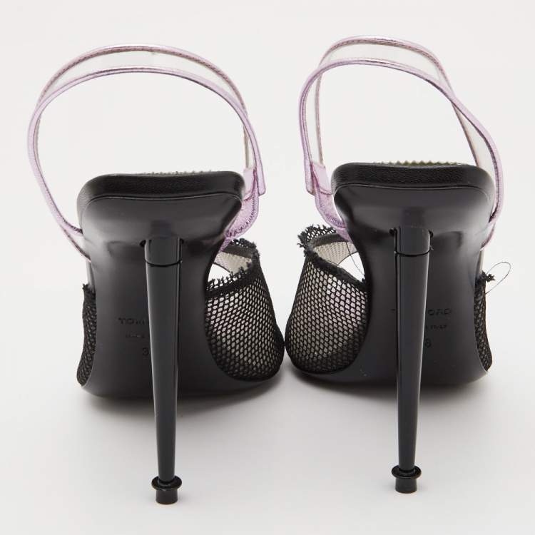 Pre Owned Tom Ford Black Mesh and PVC Peep Toe Slingback Sandals Size 38