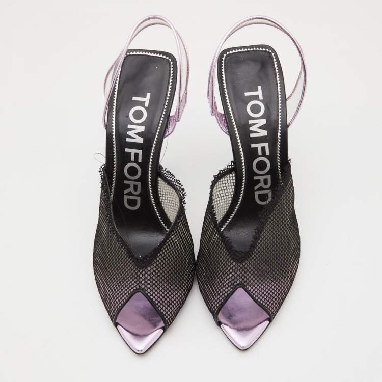 Pre Owned Tom Ford Black Mesh and PVC Peep Toe Slingback Sandals Size 38