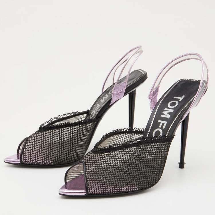 Pre Owned Tom Ford Black Mesh and PVC Peep Toe Slingback Sandals Size 38