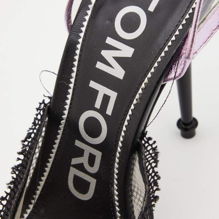 Pre Owned Tom Ford Black Mesh and PVC Peep Toe Slingback Sandals Size 38
