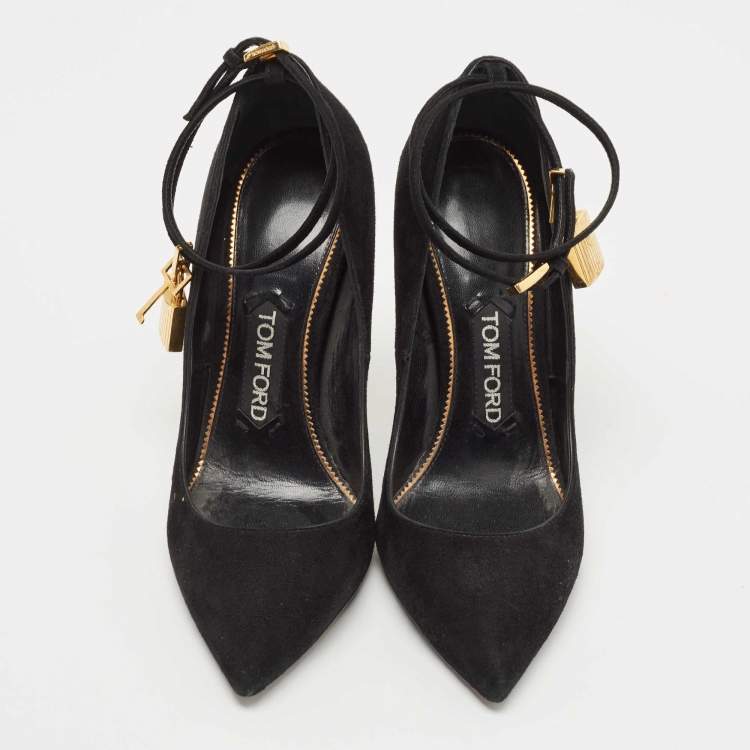 Pre Owned Tom Ford Black Suede Padlock Ankle Wrap Pumps Size 36.5