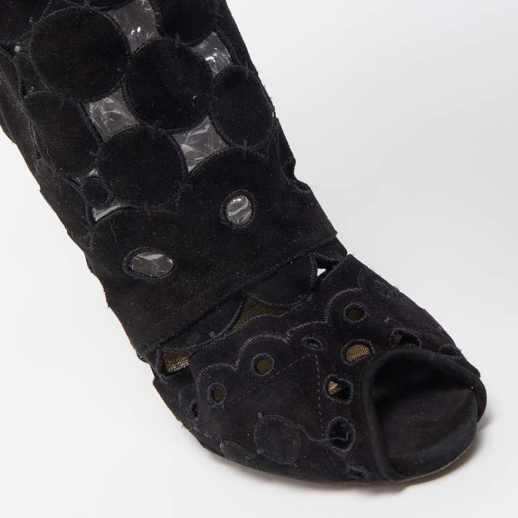 Pre Owned Tom Ford Black Suede Cut Out detail Peep Toe Knee Length Boots Size 38
