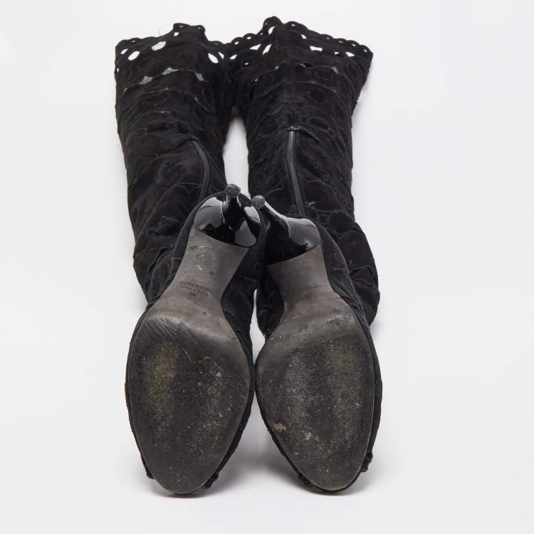 Pre Owned Tom Ford Black Suede Cut Out detail Peep Toe Knee Length Boots Size 38