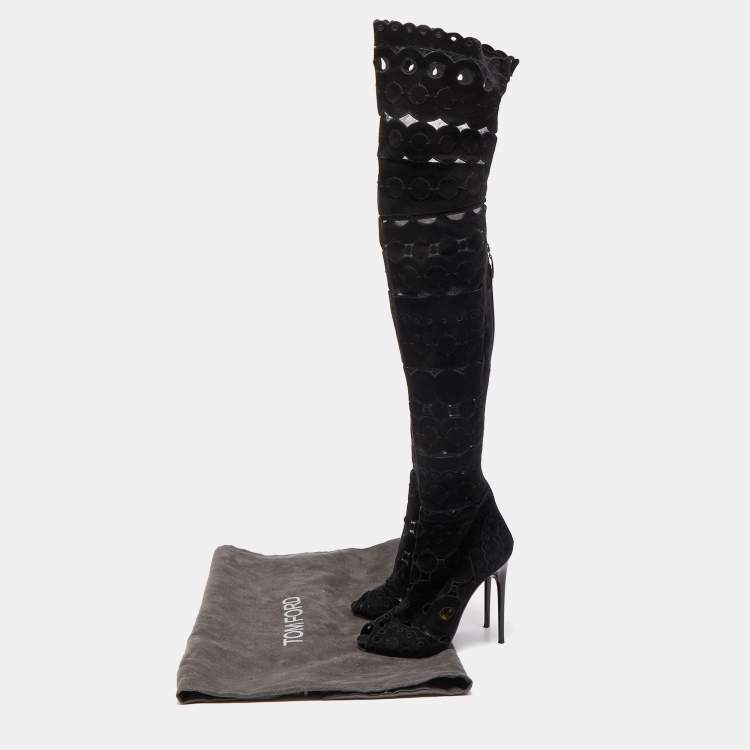 Pre Owned Tom Ford Black Suede Cut Out detail Peep Toe Knee Length Boots Size 38