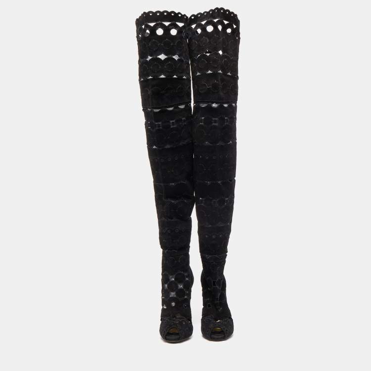 Pre Owned Tom Ford Black Suede Cut Out detail Peep Toe Knee Length Boots Size 38