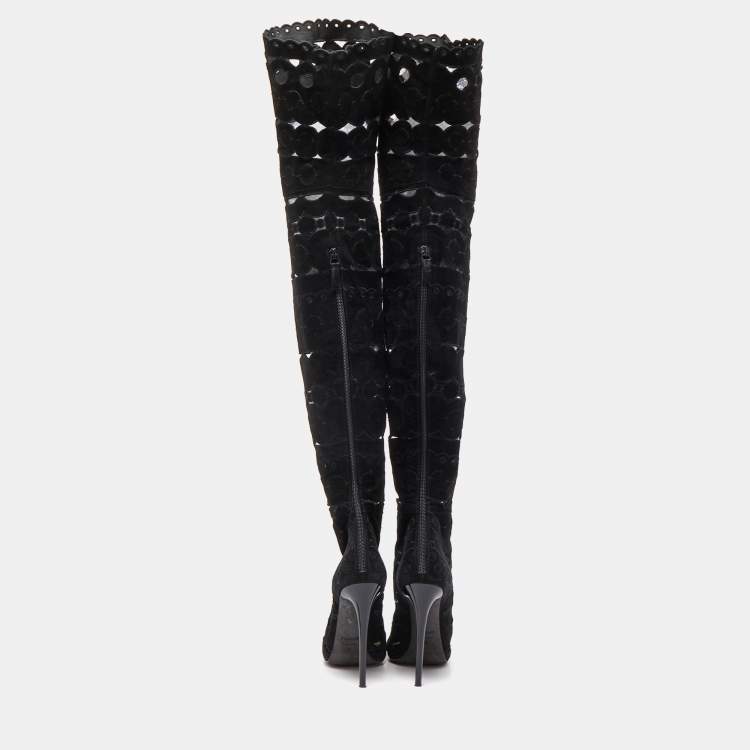 Pre Owned Tom Ford Black Suede Cut Out detail Peep Toe Knee Length Boots Size 38
