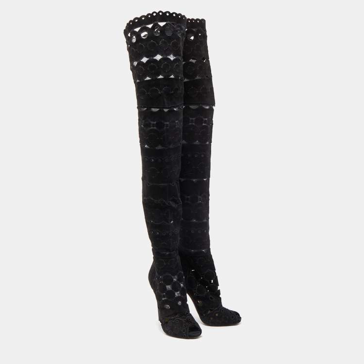 Pre Owned Tom Ford Black Suede Cut Out detail Peep Toe Knee Length Boots Size 38