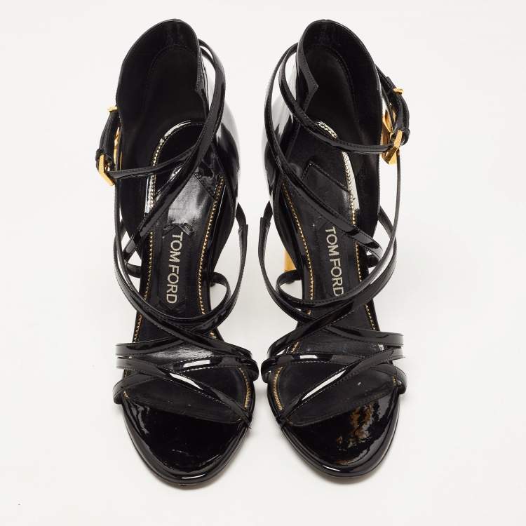 مملوكة مسبقًا Tom Ford Black Patent Leather Padlock Strappy Sandals Size 38.5