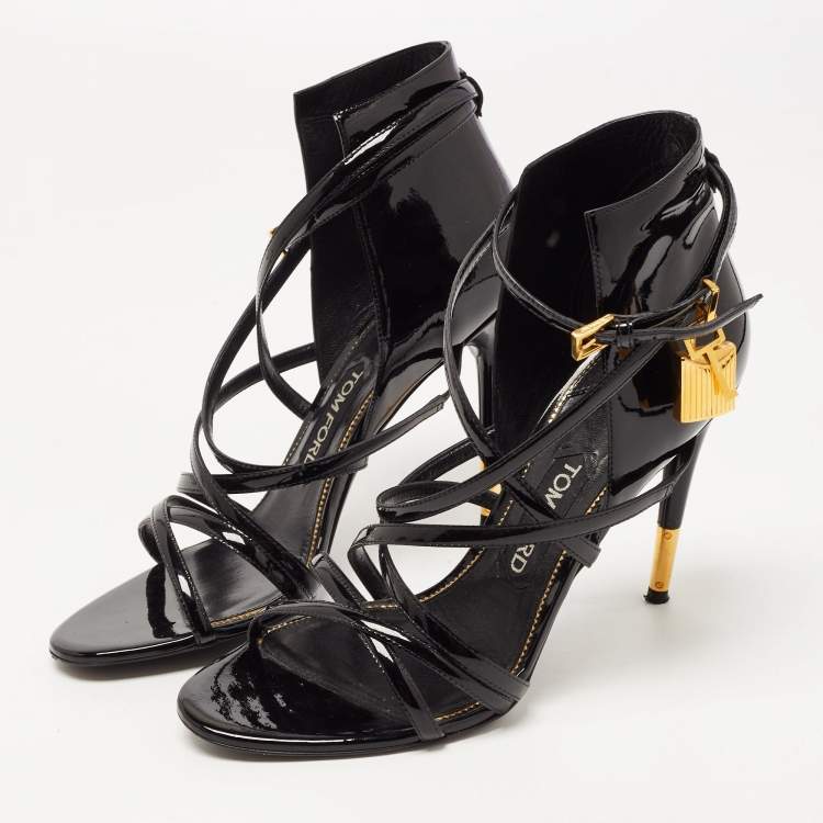 مملوكة مسبقًا Tom Ford Black Patent Leather Padlock Strappy Sandals Size 38.5