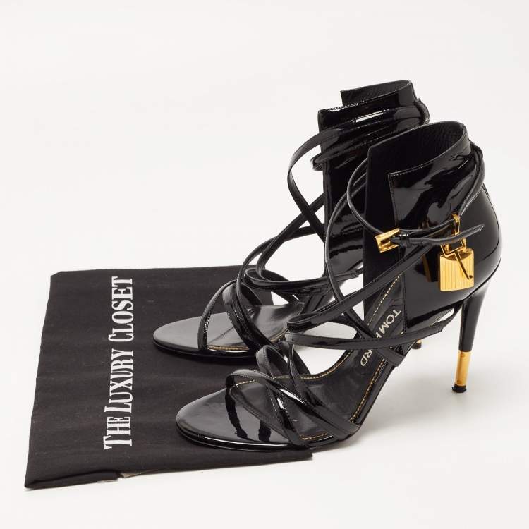 مملوكة مسبقًا Tom Ford Black Patent Leather Padlock Strappy Sandals Size 38.5