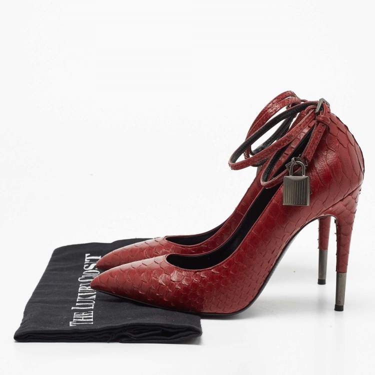 Pre Owned Tom Ford Burgundy Python Padlock Ankle Wrap Pumps Size 38.5