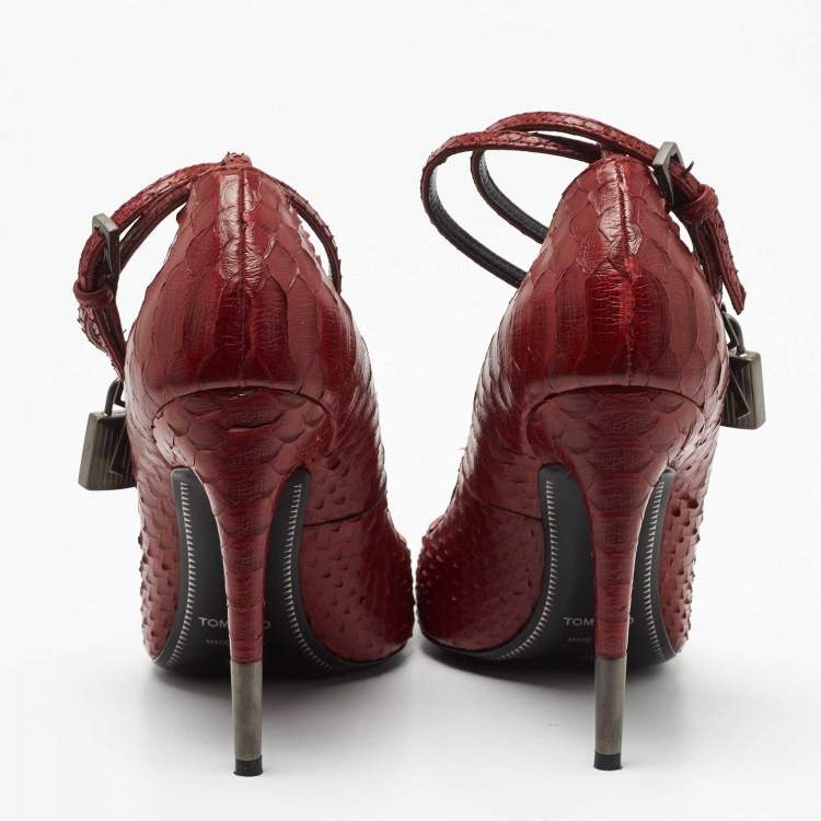 Pre Owned Tom Ford Burgundy Python Padlock Ankle Wrap Pumps Size 38.5