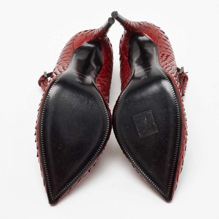 Pre Owned Tom Ford Burgundy Python Padlock Ankle Wrap Pumps Size 38.5
