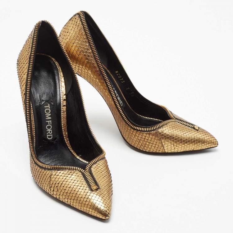 Pre Owned Tom Ford Gold Python Zipper Trim Pumps Size 38