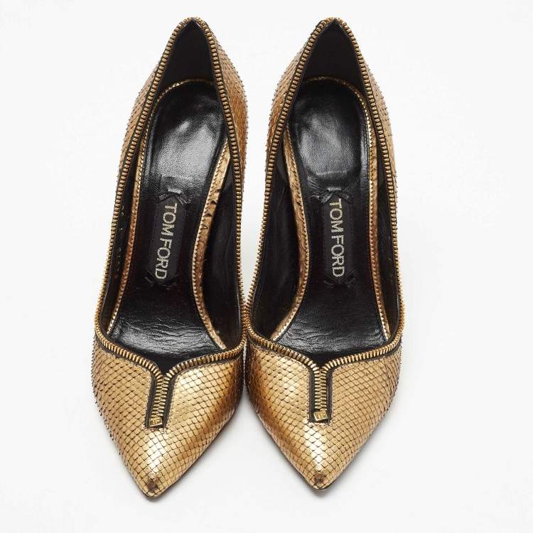 Pre Owned Tom Ford Gold Python Zipper Trim Pumps Size 38