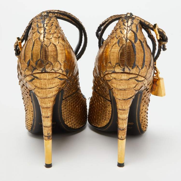 Pre Owned Tom Ford Gold Python Padlock Pointed Toe Pumps Size 38