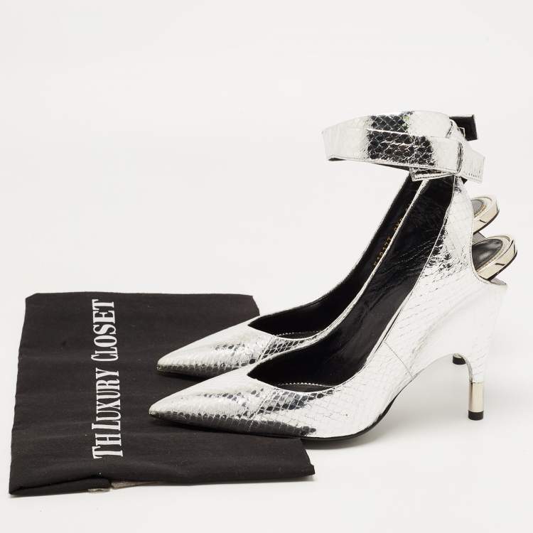 Pre Owned Tom Ford Silver Python Embossed Leather Ankle Strap Wedge Pumps Size 39