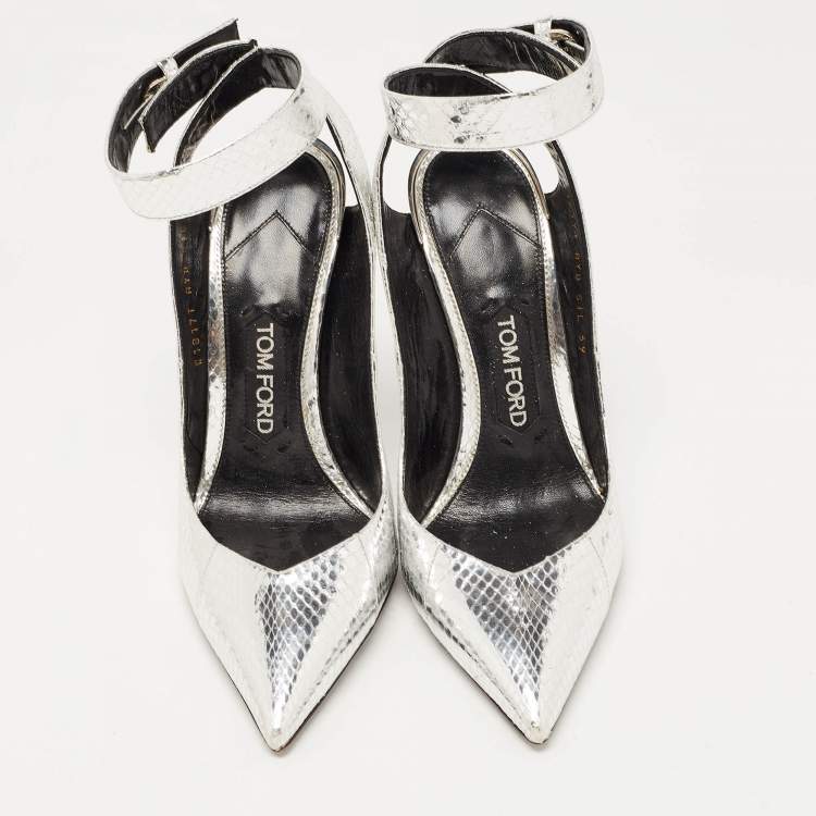 Pre Owned Tom Ford Silver Python Embossed Leather Ankle Strap Wedge Pumps Size 39